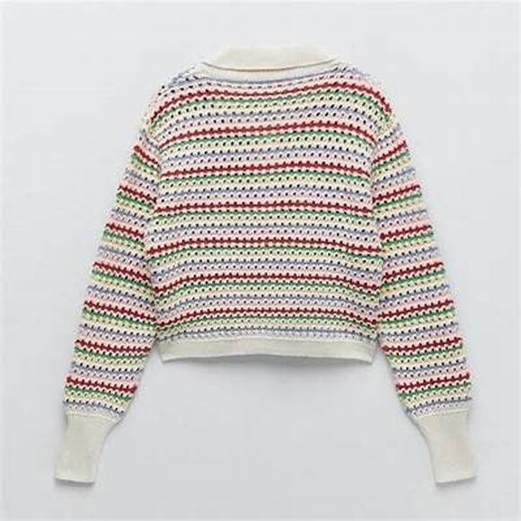 ZARA Chunky Knit Multicolor Rainbow Stripe Knit Cardigan Sweater Size L - Picture 2 of 10